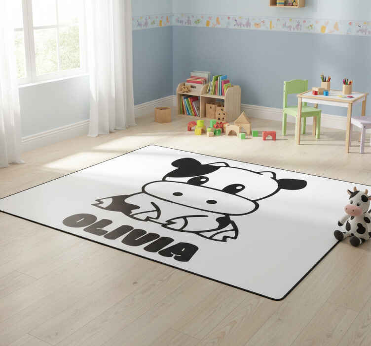 Tapis vinyle pour enfants vache noire et blanche avec nom - TenStickers