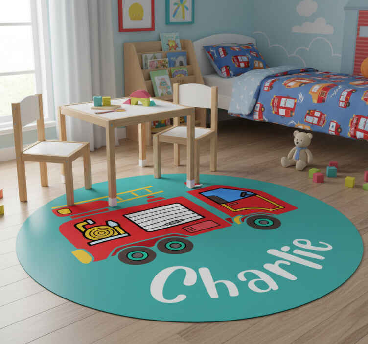 Kids vinyl rug personalised fire truck - TenStickers