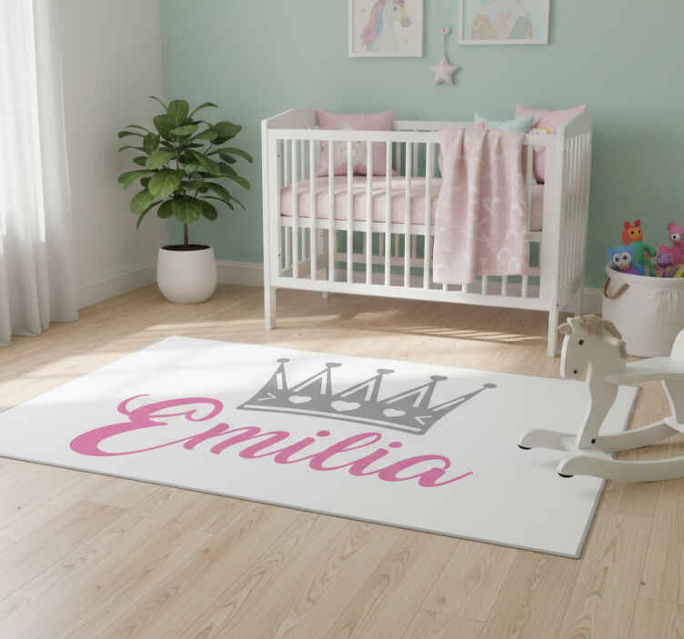 Alfombra vinílica infantil corona plateada con nombre rosa - TenVinilo