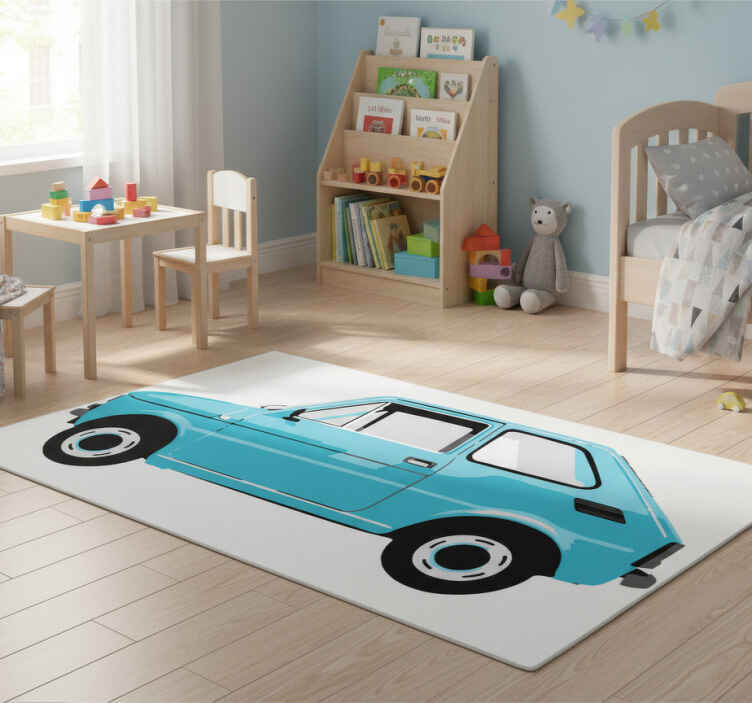 Kids vinyl rug featuring a blue vintage car - TenStickers