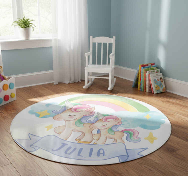 Kids vinyl rug with cheerful unicorns on a rainbow - TenStickers