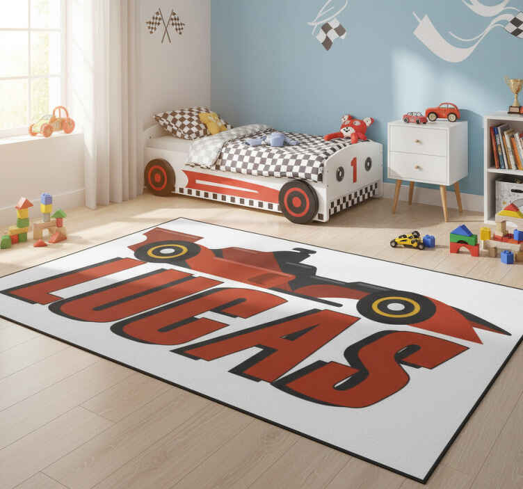 Tapis vinyle pour enfants voiture f1 rouge avec nom - TenStickers