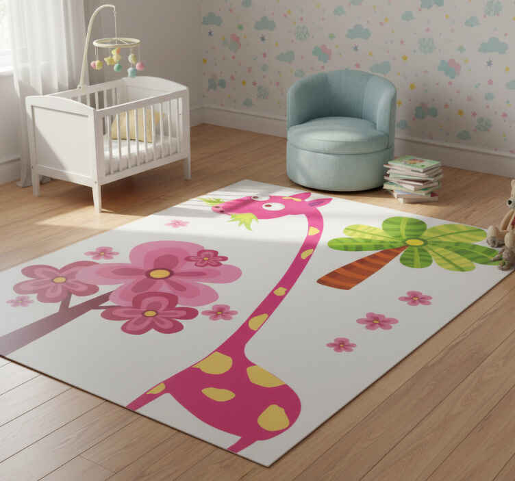 Kids vinyl rug with pink giraffe eating design - TenStickers
