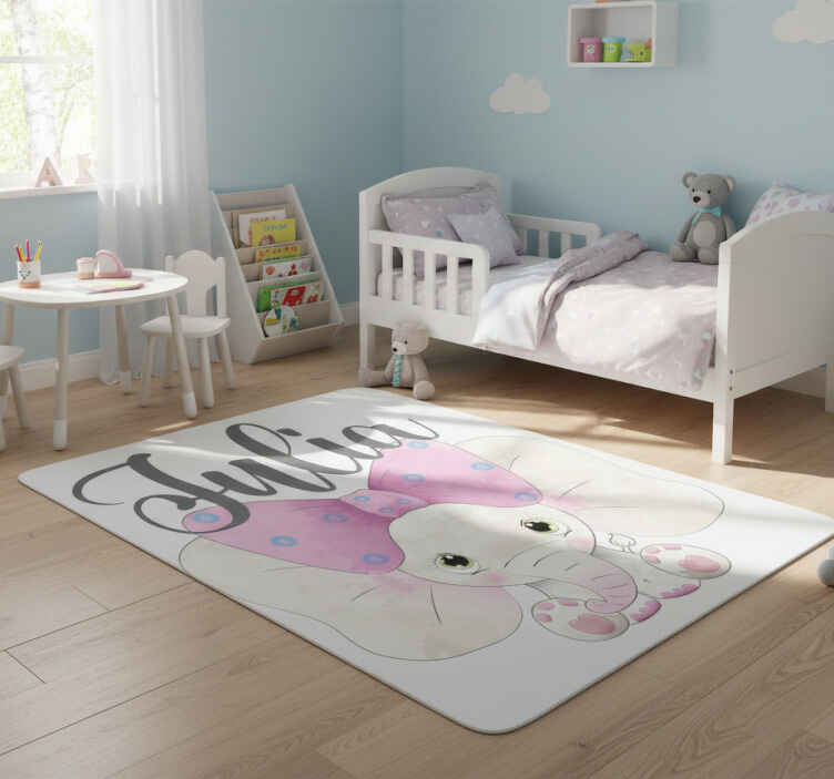 Kids vinyl rug elephant with baby and name - TenStickers