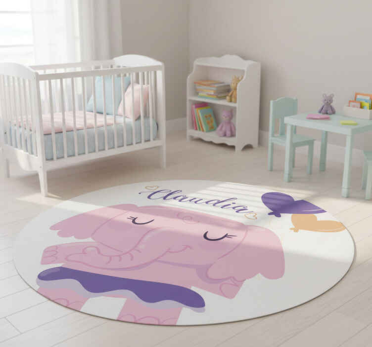 Kids vinyl rug pink elephant with name - TenStickers