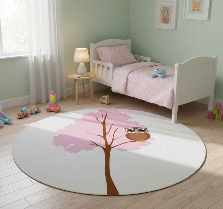 Alfombra vinílica infantil árbol rosa con búho - TenVinilo