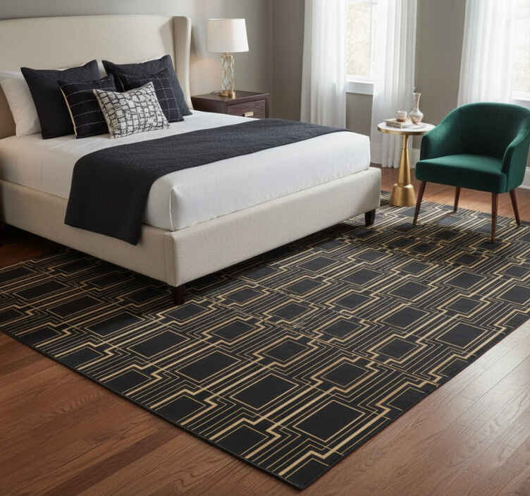 Alfombra vinílica dormitorio patrón deco dorado y negro - TenVinilo