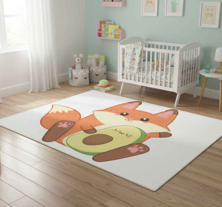 Kids vinyl rug kawaii fox with avocado design - TenStickers