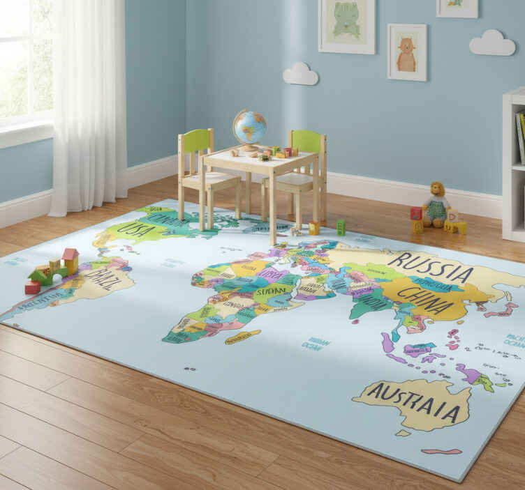 World map vinyl rug political map design - TenStickers