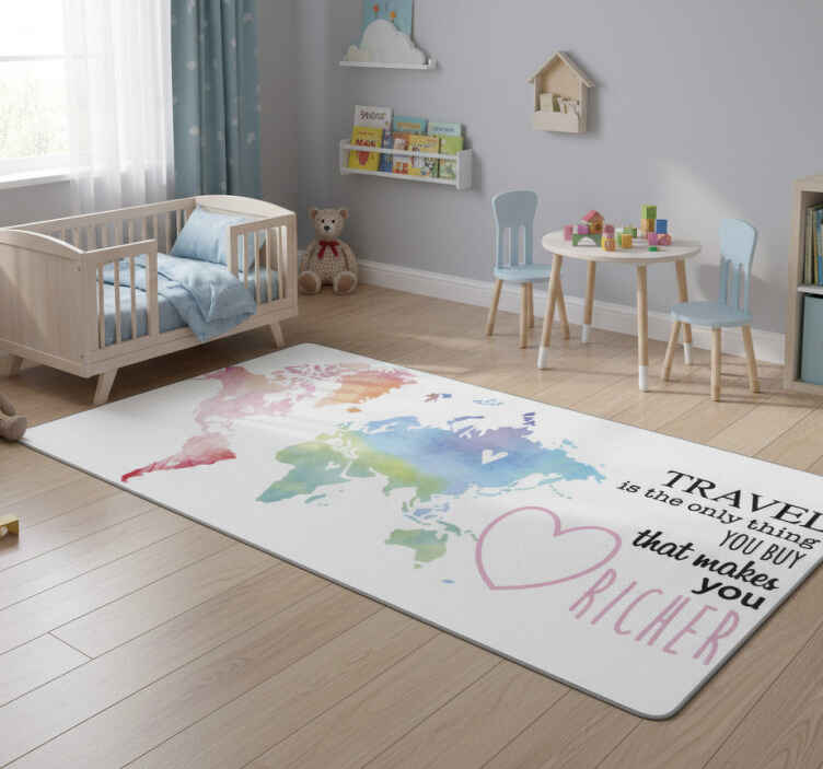 World map vinyl rug with travel text in english - TenStickers