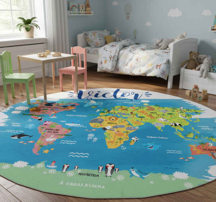 World map vinyl rug with animal names in spanish - TenStickers