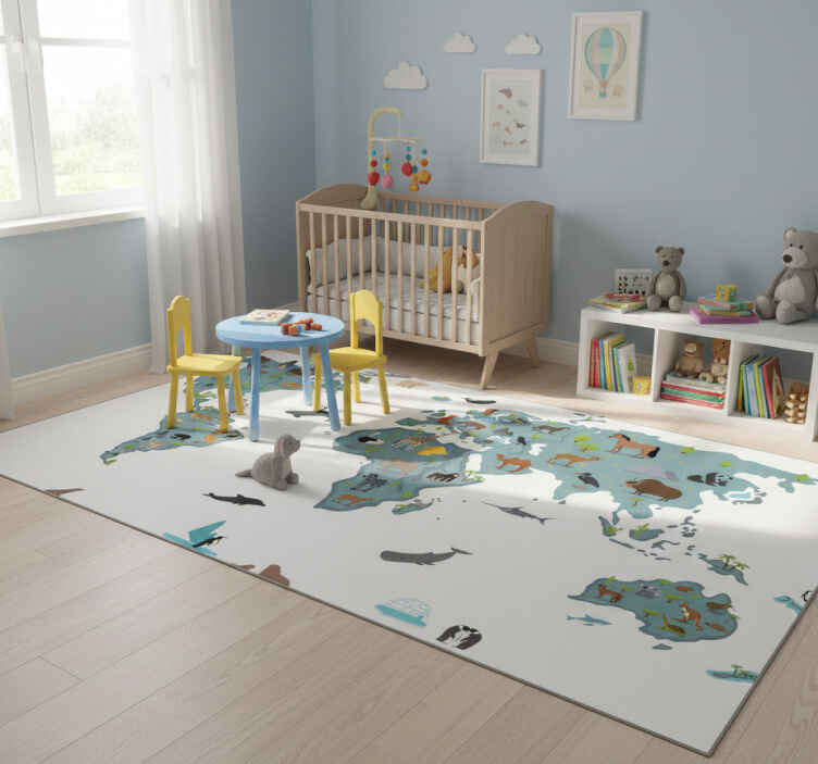 World map vinyl rug with playful animals and trees - TenStickers