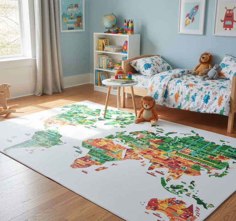 World map vinyl rug with landmark designs - TenStickers