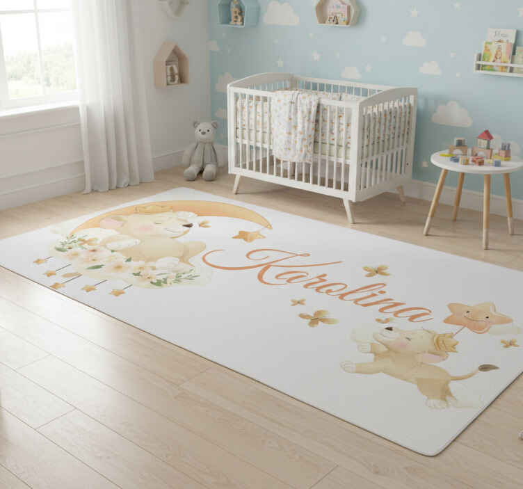 Kids vinyl rug cute animals lion with name - TenStickers