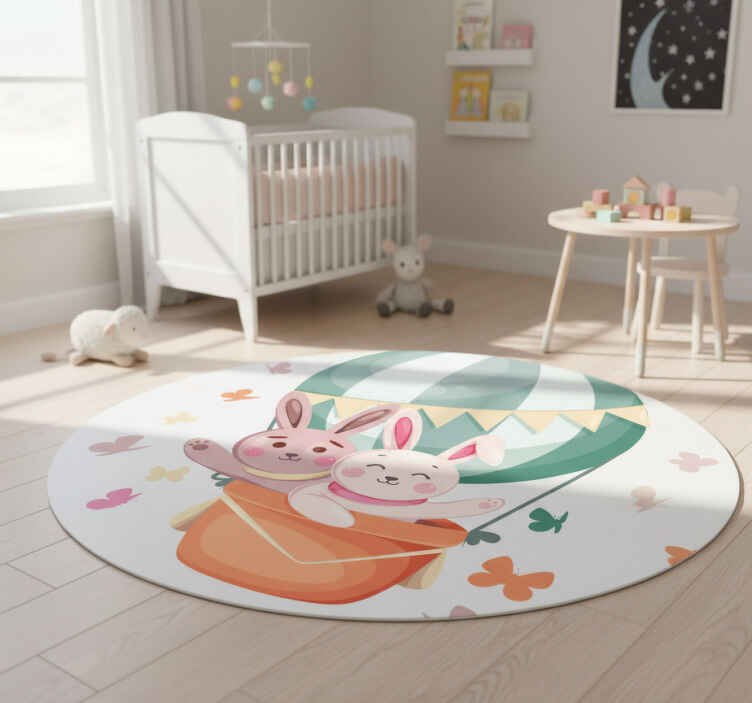 Alfombra vinílica infantil con conejitos en globo - TenVinilo