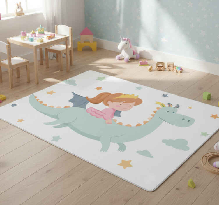 Kids vinyl rug princess riding a dragon - TenStickers
