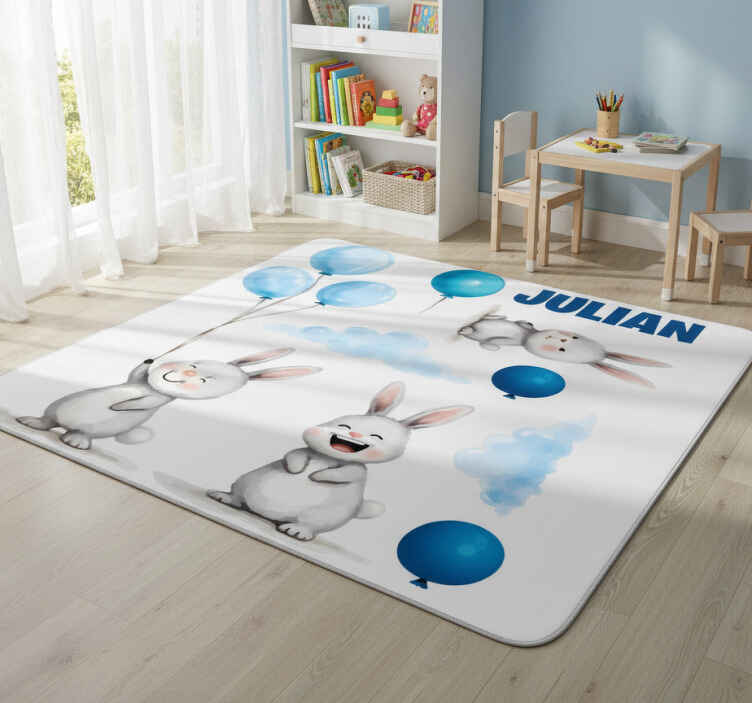 Alfombra vinílica infantil globos azules con conejitos - TenVinilo
