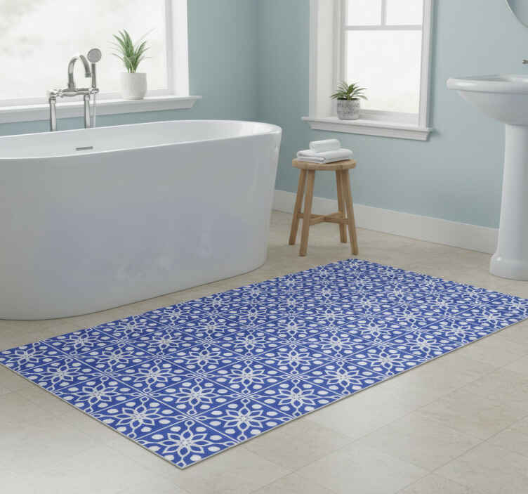 Bathroom vinyl rug with blue southern tile design - TenStickers