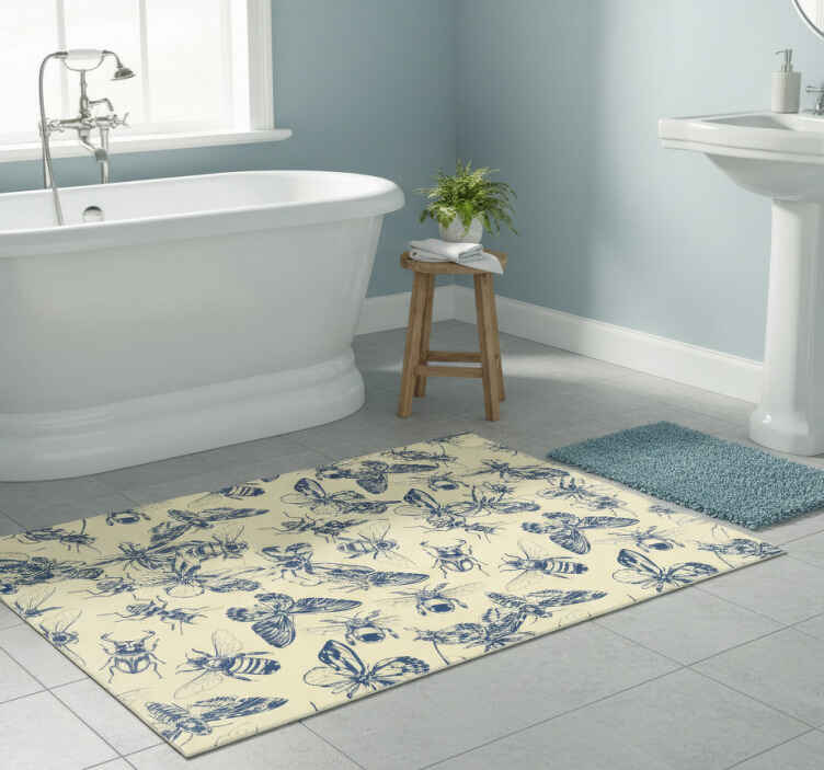 Bathroom vinyl rug with blue and yellow bees and butterflies - TenStickers