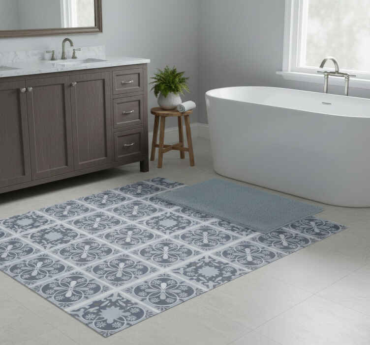 Bathroom vinyl rug with blue flower tile design - TenStickers