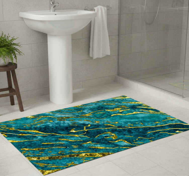 Bathroom vinyl rug in blue and gold marble effect - TenStickers