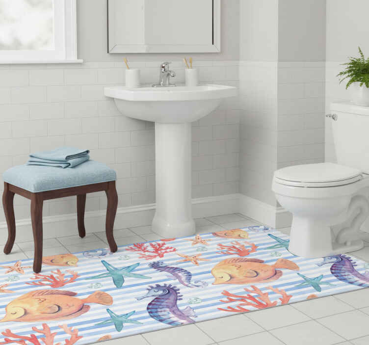 Bathroom vinyl rug with sea life tile design - TenStickers