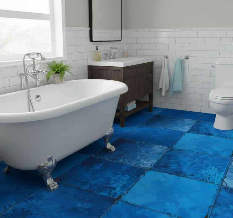 Bathroom vinyl rug in marine blue square design - TenStickers