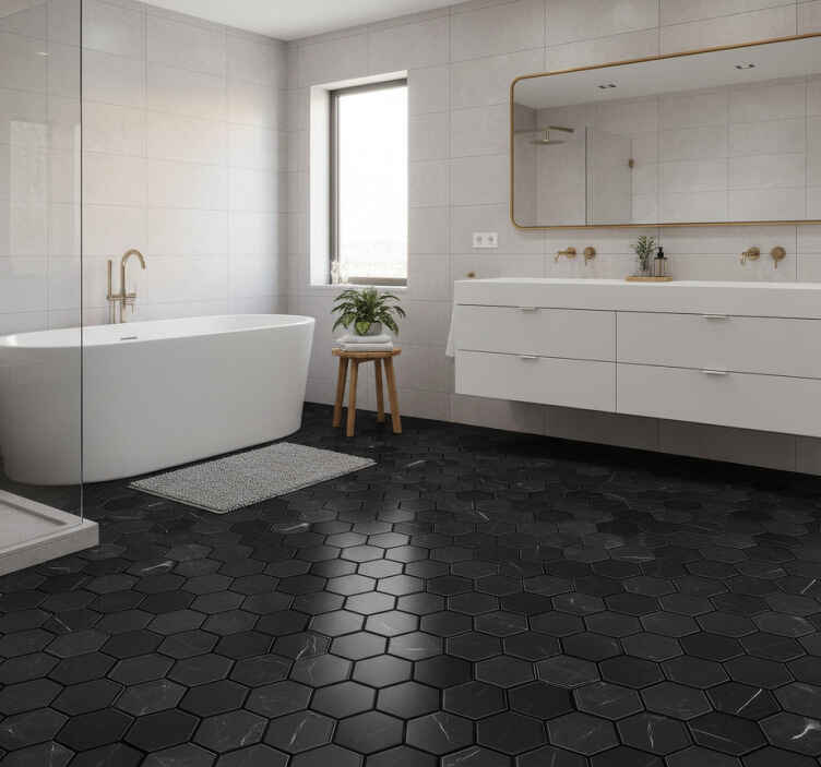 Bathroom vinyl rug in black hexagon design - TenStickers