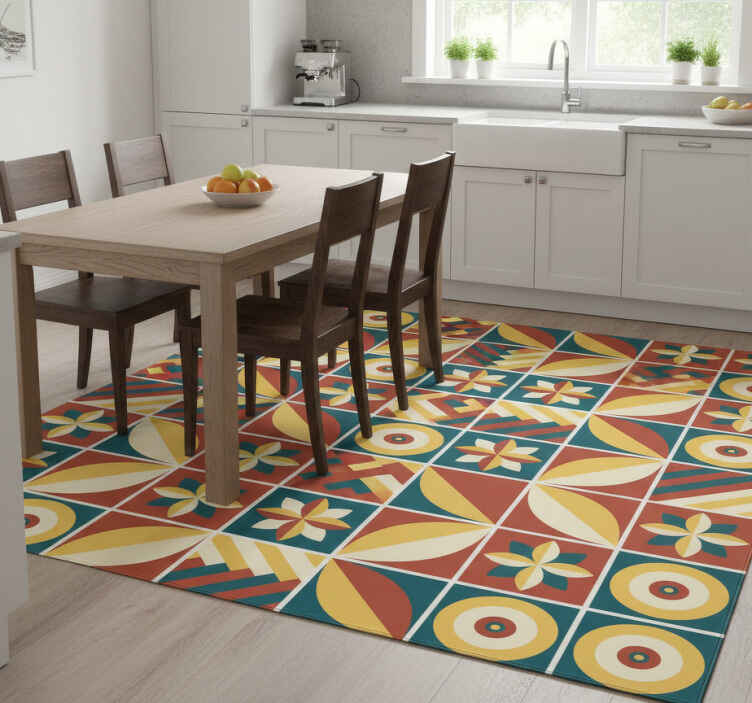 Kitchen vinyl rug in green and orange tile pattern - TenStickers
