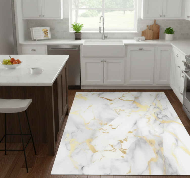Alfombra vinílica cocina mármol blanco con vetas doradas - TenVinilo