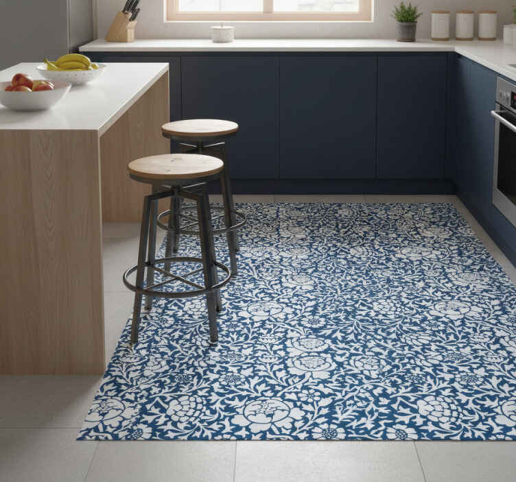 Marine blue flora kitchen vinyl rug - TenStickers