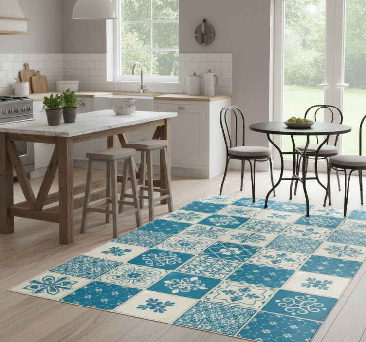 Alfombra vinílica cocina patrón gris y azul - TenVinilo