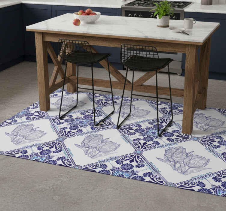 Delfts blue tulips kitchen vinyl rug - TenStickers