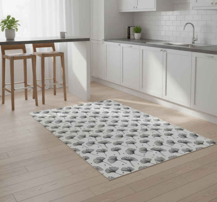 Kitchen vinyl rug with white ginkgo leaves pattern - TenStickers