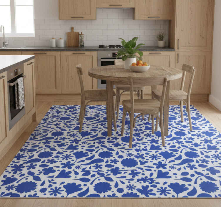 Mutfak pvc halı - delft mavisi çeşitli çiçekler - TenStickers