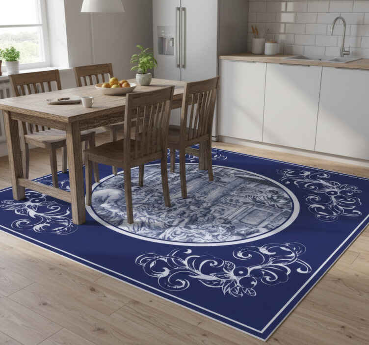 Blue delft crowd pattern kitchen vinyl rug - TenStickers