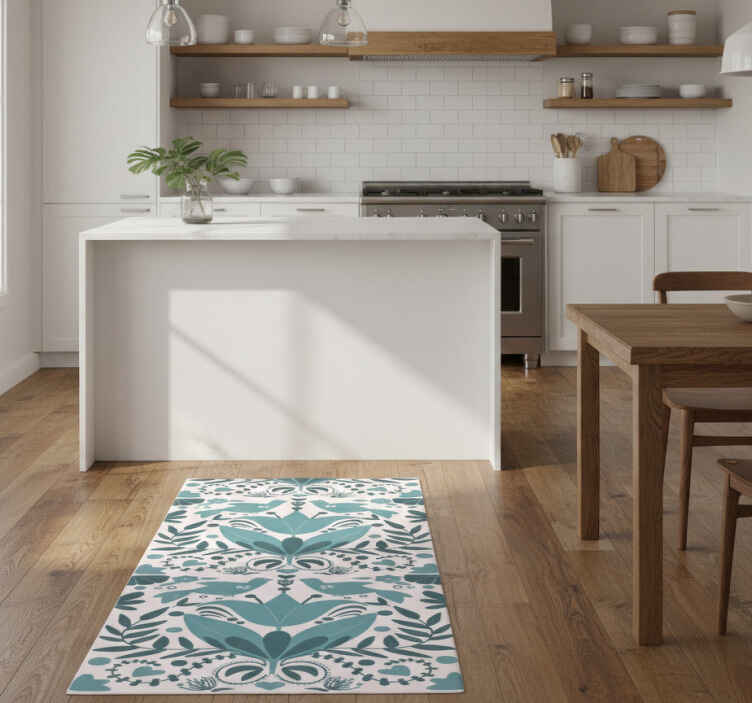 Vinyl vloerkleed keuken blauw folkart patroon met vogels - TenStickers