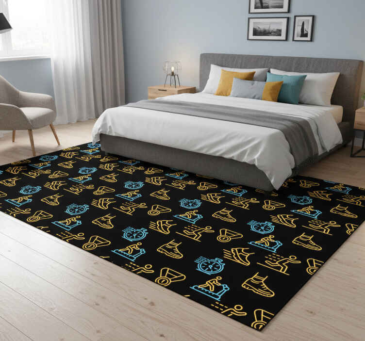 Bedroom vinyl rug with neon vector icons on black - TenStickers