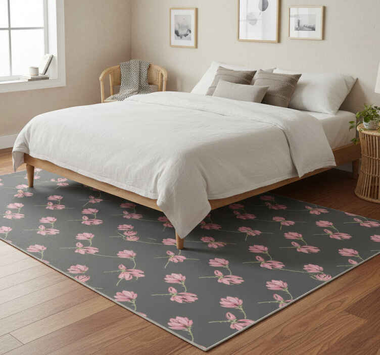 Bedroom vinyl rug with small magnolia flowers on grey - TenStickers