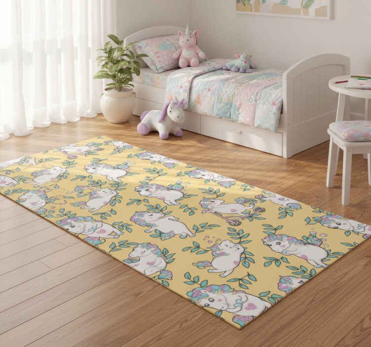 Bedroom vinyl rug with adorable unicorns and green leaves - TenStickers
