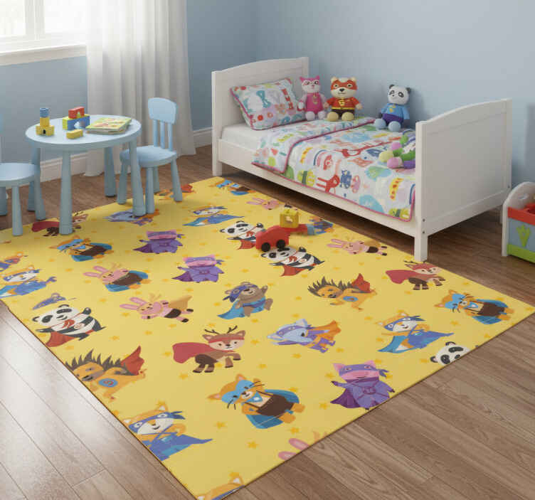 Bedroom vinyl rug with superhero pets on yellow - TenStickers