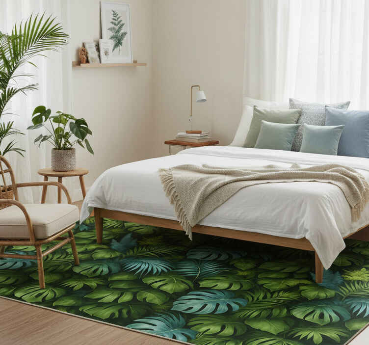 Tapis vinyle chambre feuilles vertes et bleues tropicales - TenStickers