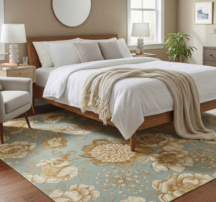 Bedroom vinyl rug in grey background with gold flowers - TenStickers