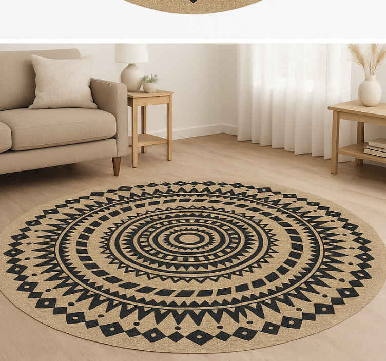 Alfombra redonda yute mandala beige con líneas negras - TenVinilo