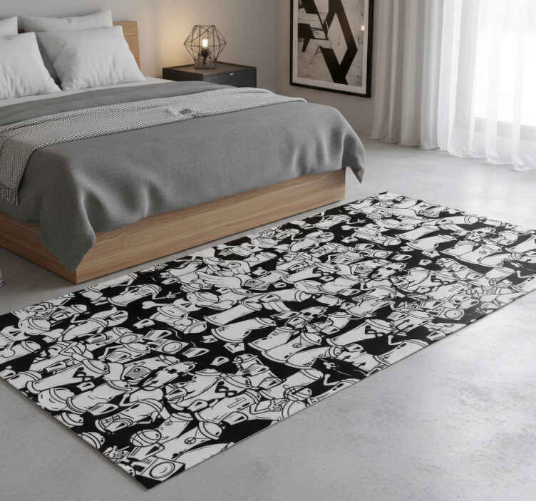 Bedroom vinyl rug featuring black and white spray cans - TenStickers