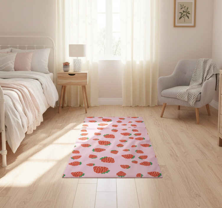 Bedroom vinyl rug with strawberries on pink background - TenStickers