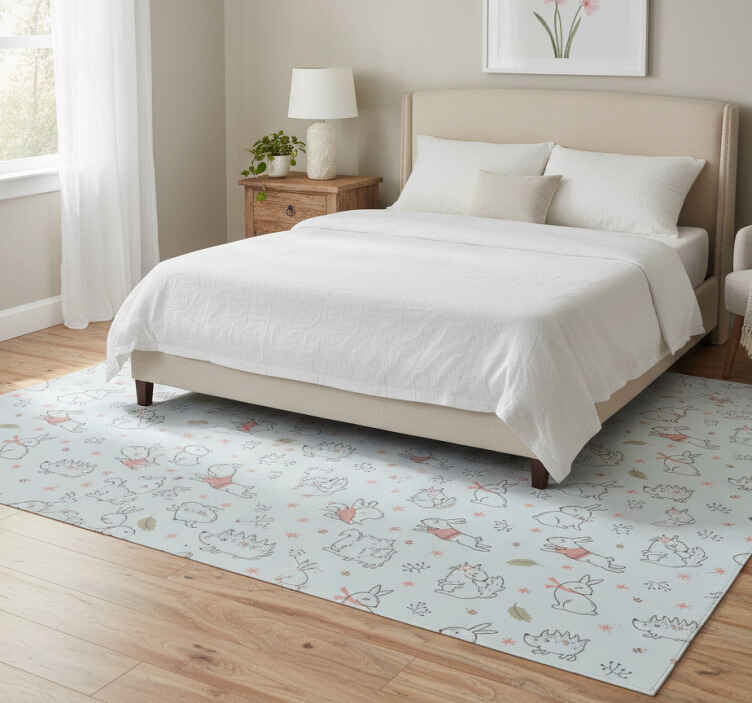 Bedroom vinyl rug with flowers, squirrels, and rabbits - TenStickers