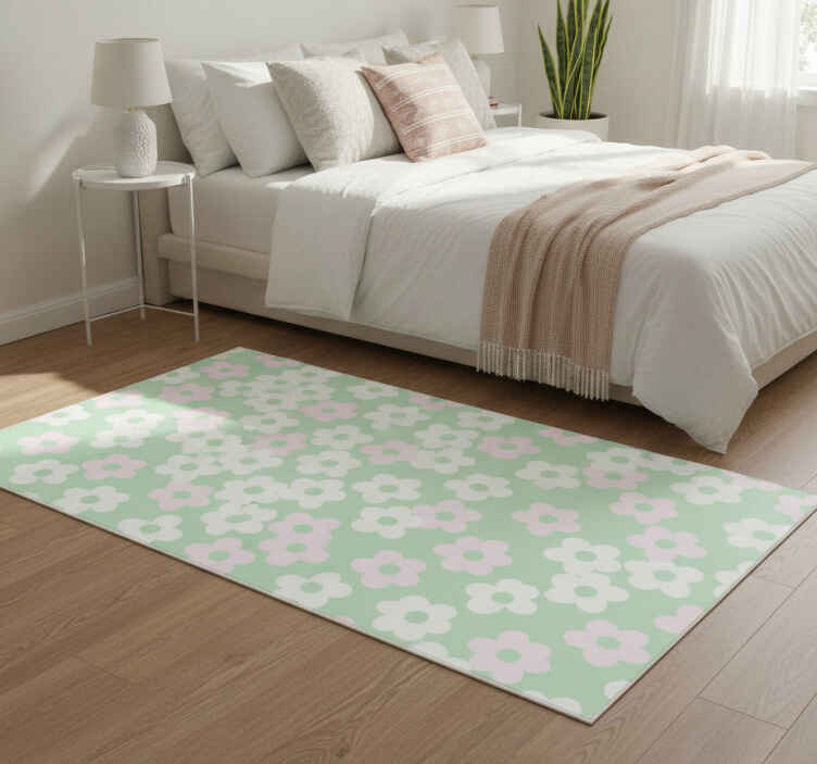 Bedroom vinyl rug in green with white and pink flowers - TenStickers
