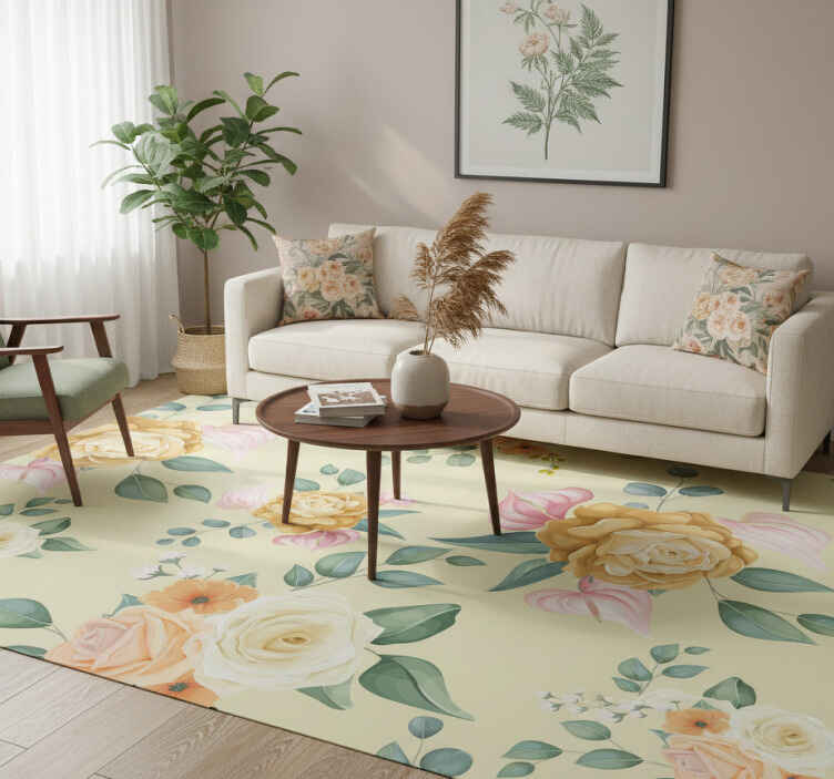 Vinyl teppich natur mit gelben rosen im vintage-stil - TenStickers