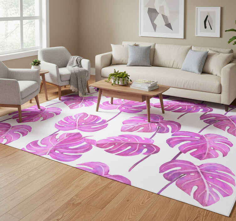 Vinyl teppich natur mit pinkfarbener monstera - TenStickers